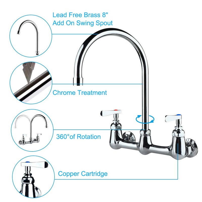 COOLWEST Commercial Wall Mount Faucet 8 Inch Center with 8" Gooseneck Swivel Spout, 2 Handles Heavy Duty Brass Kitchen Sink Faucet, Chrome Finish - Image 3